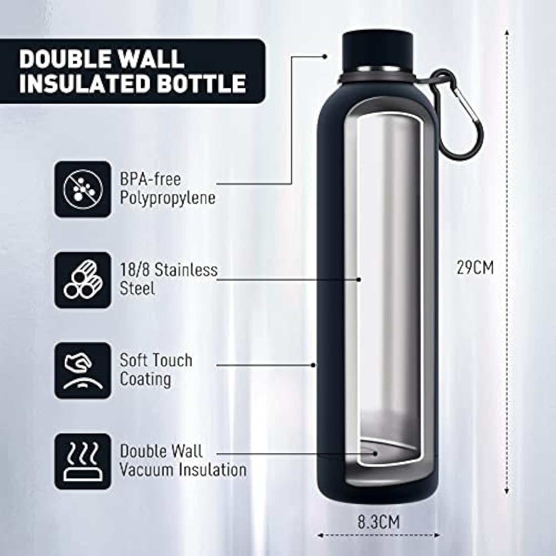 Exllena Insulated Black Water Bottles 1l with Clip, Double Wall Vacuum Drinks Bottle Keeps Drinks Cold 24 Hrs/Hot 12 Hrs, Stainless Steel Water Bottle BPA Free