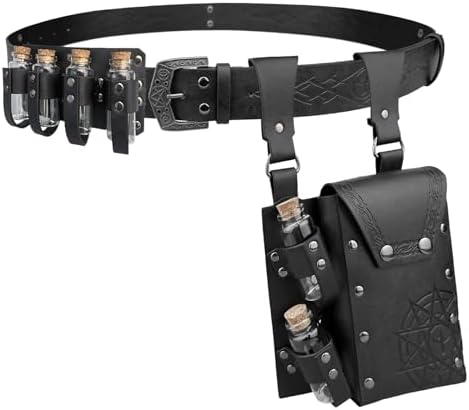 EpicCos 3 PCs Medieval Alchemy Belt Waist Pack Combo with Multiple Potion Bottles, Viking Rivet Belt Side Pouch for Cosplay (Black D)