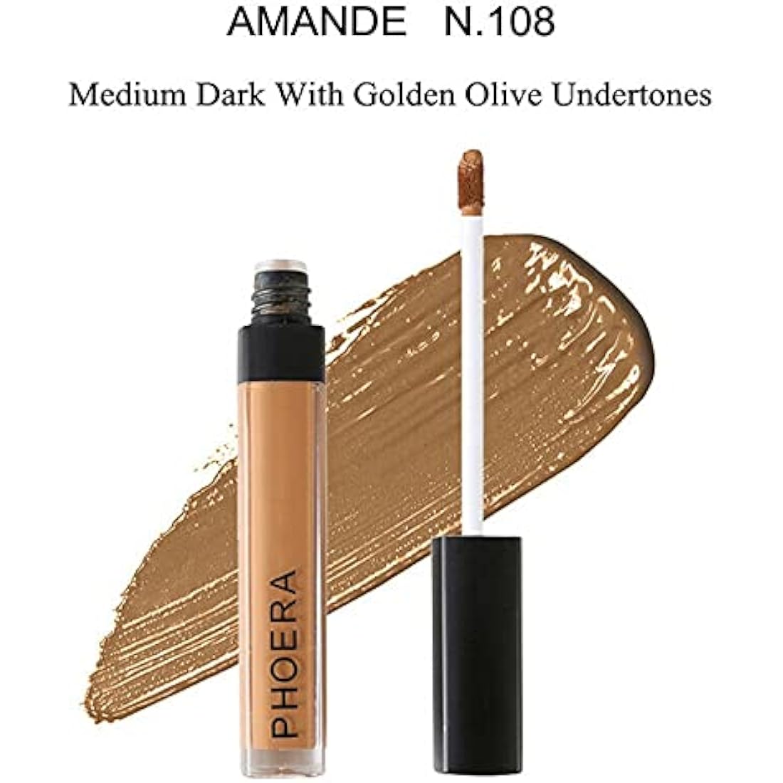 Phoera Full‑Coverage Matte Liquid Concealer – Waterproof, Oil‑Free Camouflage for Dark Circles, Acne Scars & Under‑Eye (108 - Amande)