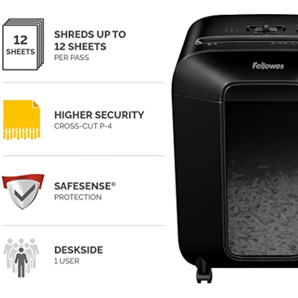 Fellowes 12 Sheet Paper Shredder for Office - Cross Cut Shredder with Auto Reverse Jam Solution & SafeSense Technology - Powershred LX85 Home Office Shredder with 19L Pull-Out Bin - DIN Level P4