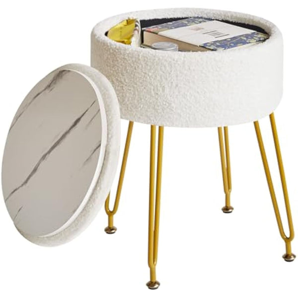 IBUYKE Teddy Velvet Storage Footrest Stool Ottoman, Makeup Vanity Stool Side Table with Removable Cover, Golden Steel Legs, Coffee Table Top Cover, White WBD010W