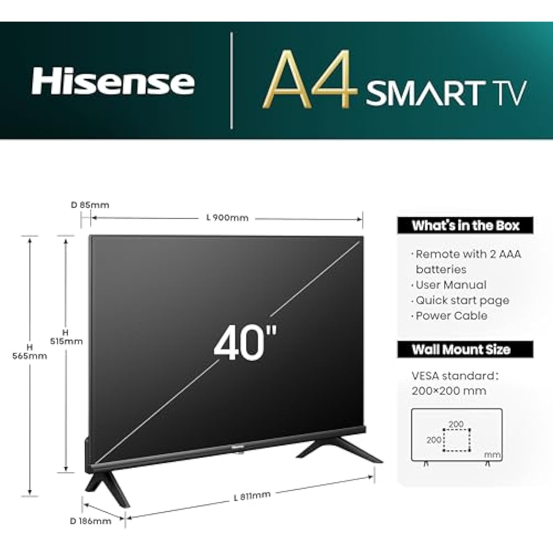 Hisense 40 Inch Smart TV 40A4NTUK - FHD Resolution, Natural Colour Enhancer, DTS Virtual:X & Dolby Audio, AI Sports Mode, VIDAA OS with Youtube, Netflix and Disney+ and Freeview Play (2024 Model)