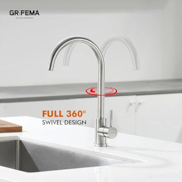 GRIFEMA G4008 Kitchen Sink Taps Mixer with Single Lever High Arc 360°Swivel, Stainless Steel Kitchen Mixer Taps 1 hole with Chrome Finish, Classic Design[Energy Class A+]