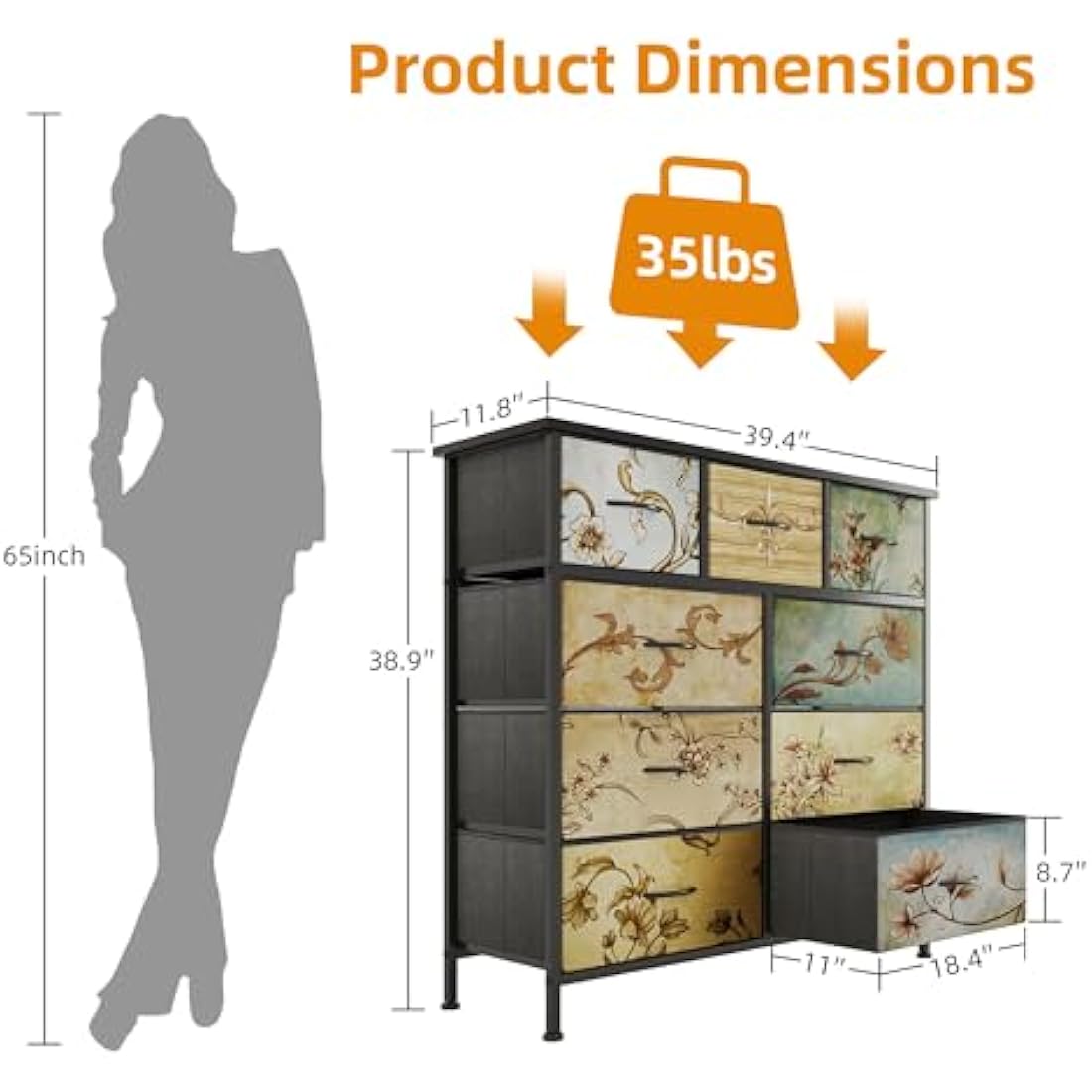 Flrrtenv Chest of Drawers Bedroom with 9 Drawers, Tall Fabric Dressers with Flower Printing, Dresser for Entryway Hallway Living Room, Closet Storage Drawer, Black Wooden Top