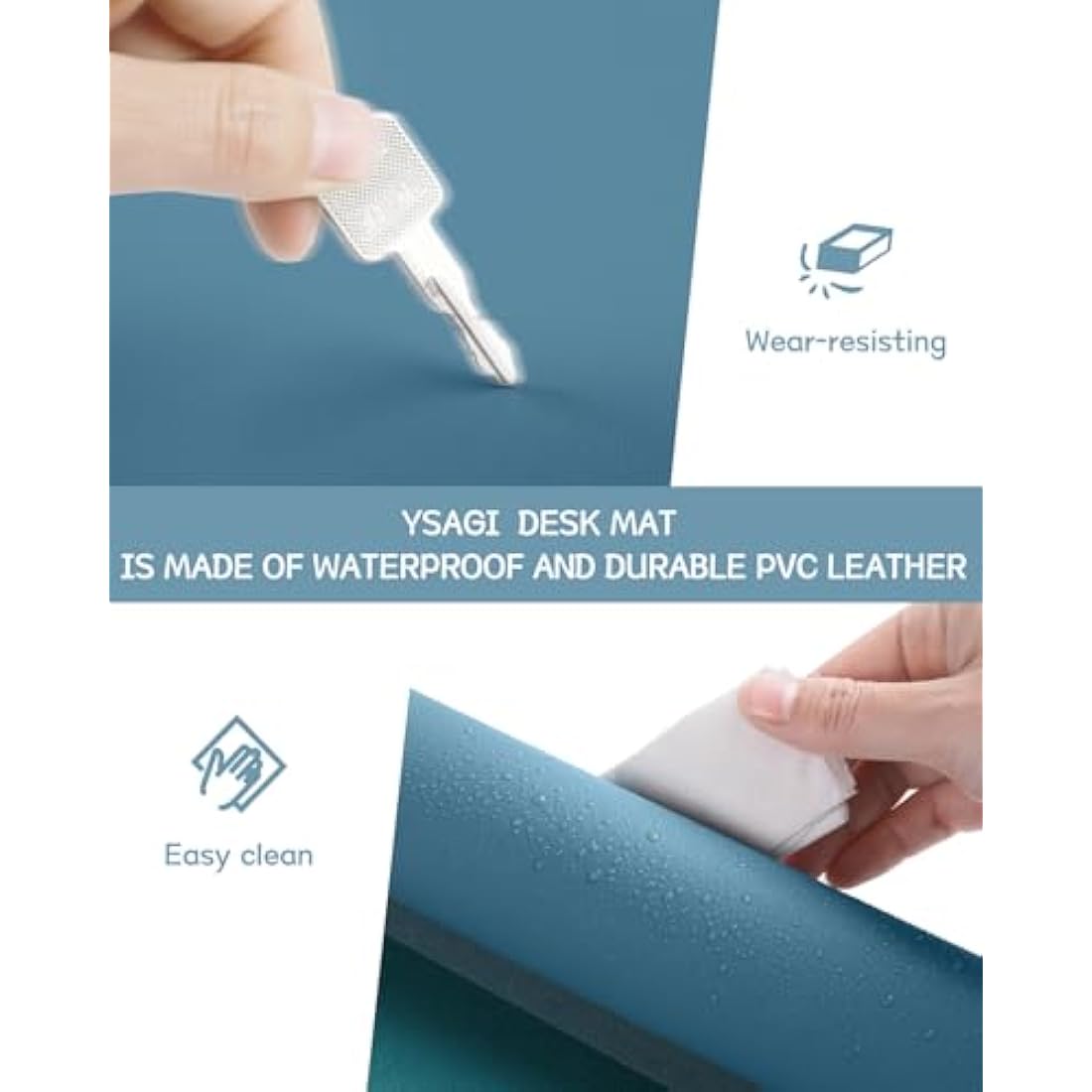 YSAGi Non-Slip Desk Pad, Waterproof PVC Leather Desk Table Protector, Ultra Thin Large Mouse Pad, Easy Clean Laptop Desk Writing Mat for Office Work/Home/Decor (90 x 43 cm, Azure)