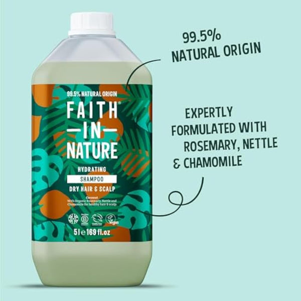 Faith In Nature Organic Coconut Shampoo, Hydrating for Dry Hair & Scalp, Vegan & Cruelty Free, No SLS, Silcones or Parabens, 5L Refill Pack