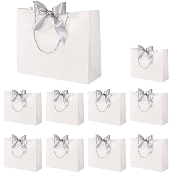 10 Pcs White Gift Bags with Silver Bow Ribbon, Paper Party Favor Bag with Handles Gift Bags Large for Wedding Graduation Birthday Party Celebration Present Bags, 12.5x10x4.3 Inches