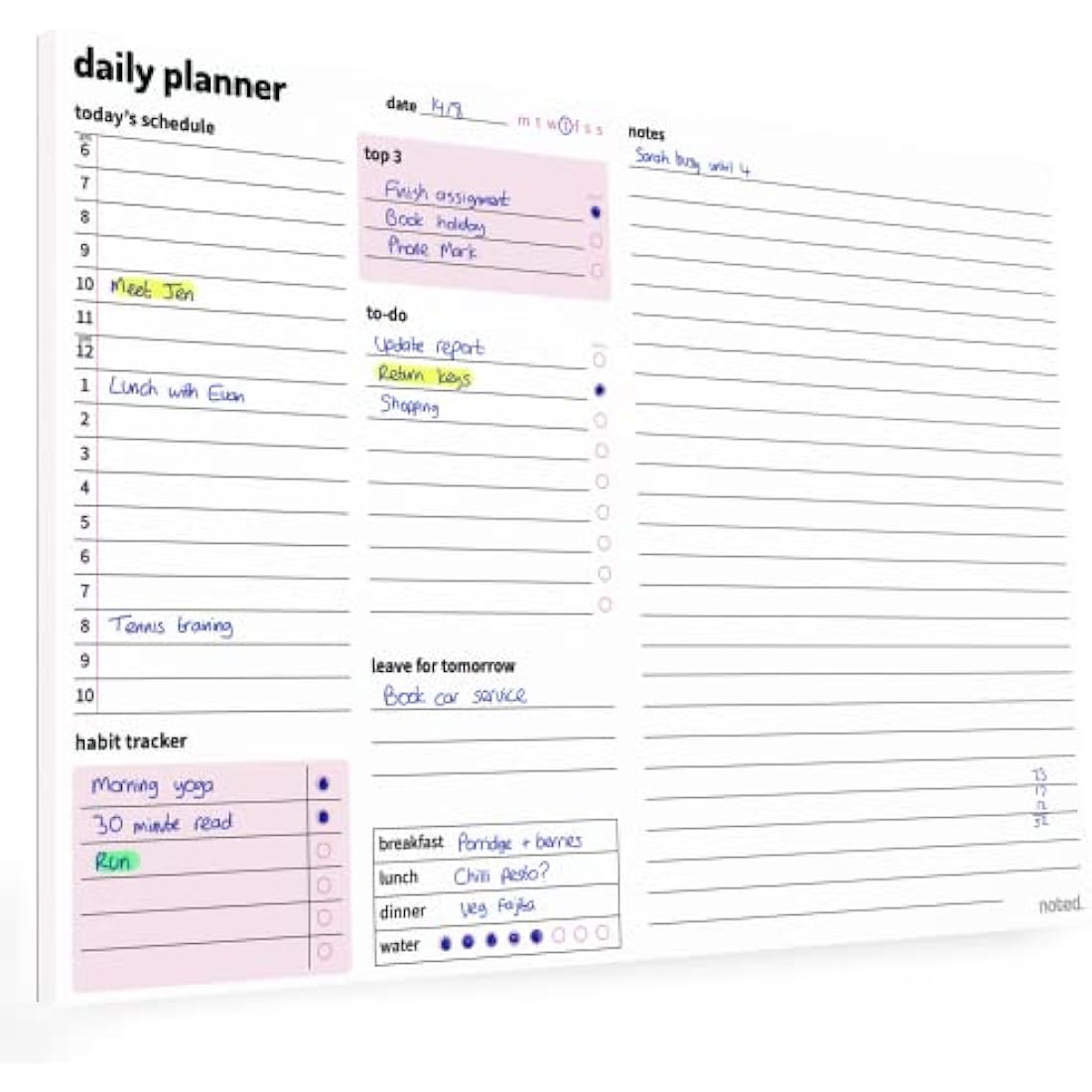 A4 Daily Planner Pad – 52 sheets - Organiser with Daily Schedule, Large Notes Area, To Do List Daily Planning, Habit Tracker – Tear Off Desk Pads for Work, Business, Home or Exam Study Revision