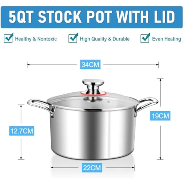 HaWare Stock Pot, 4.5L Tri-Ply Stainless Steel Soup Pot with Visible Lid, 22cm Cooking Stockpot for Induction/Electric/Gas/Ceramic, Healthy & Non Toxic, Easy Clean