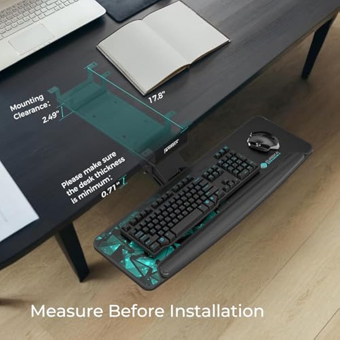 EUREKA ERGONOMIC Computer Keyboard Tray, Height Adjustable Large Black Slide Out Swivel Tilt Under Desk Keyboard Drawer, Ergonomic Keyboard Tray and Mouse Platform with Mouse Pad, Easy to Assemble