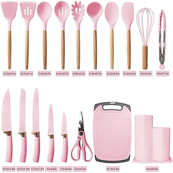 DLD New 29-Piece kitchenware,Cooking Gifts,Non-Stick Pans,Shovels, Spoons,Cutting Utensils,Wooden Handles,Heat-Resistant Silicone,Cutting Boards,Storage Barrels,Kitchen Gadget Sets
