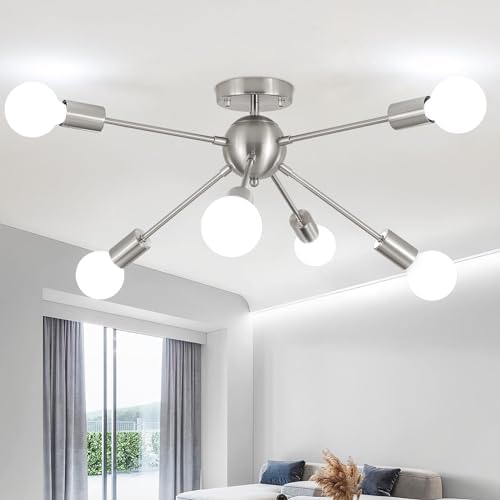 ASHUAQI Sputnik Ceiling Light Chrome Ceiling Lights, 6 Lights Chandeliers Ceiling Light, Mid-Century Modern Chandelier, Industrial Semi Flush Ceiling Lights for Living Room Bedroom Kitchen Hallway