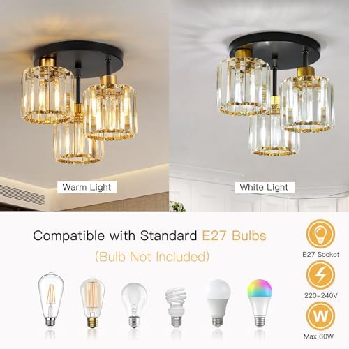 FORCOSO Ceiling Light 3 Lights, Black and Gold Light Shade Crystal Light Fitting, Semi Flush Modern Chandelier Lampshade, E27 Lighting Fixture for Living Room Bedroom Hallway Kitchen Dining Room
