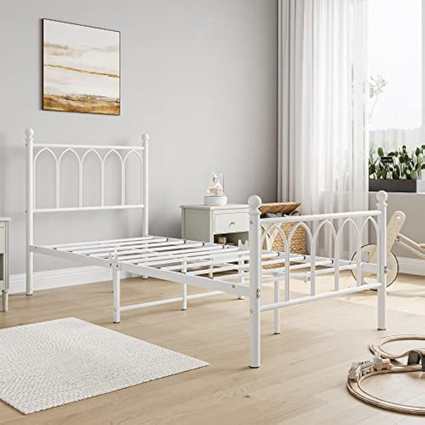 JELUTE Single Metal Bed Frame 90 x x190 cm with Headboard and Footboard Heavy Duty Foundation,Metal Slat Support, White