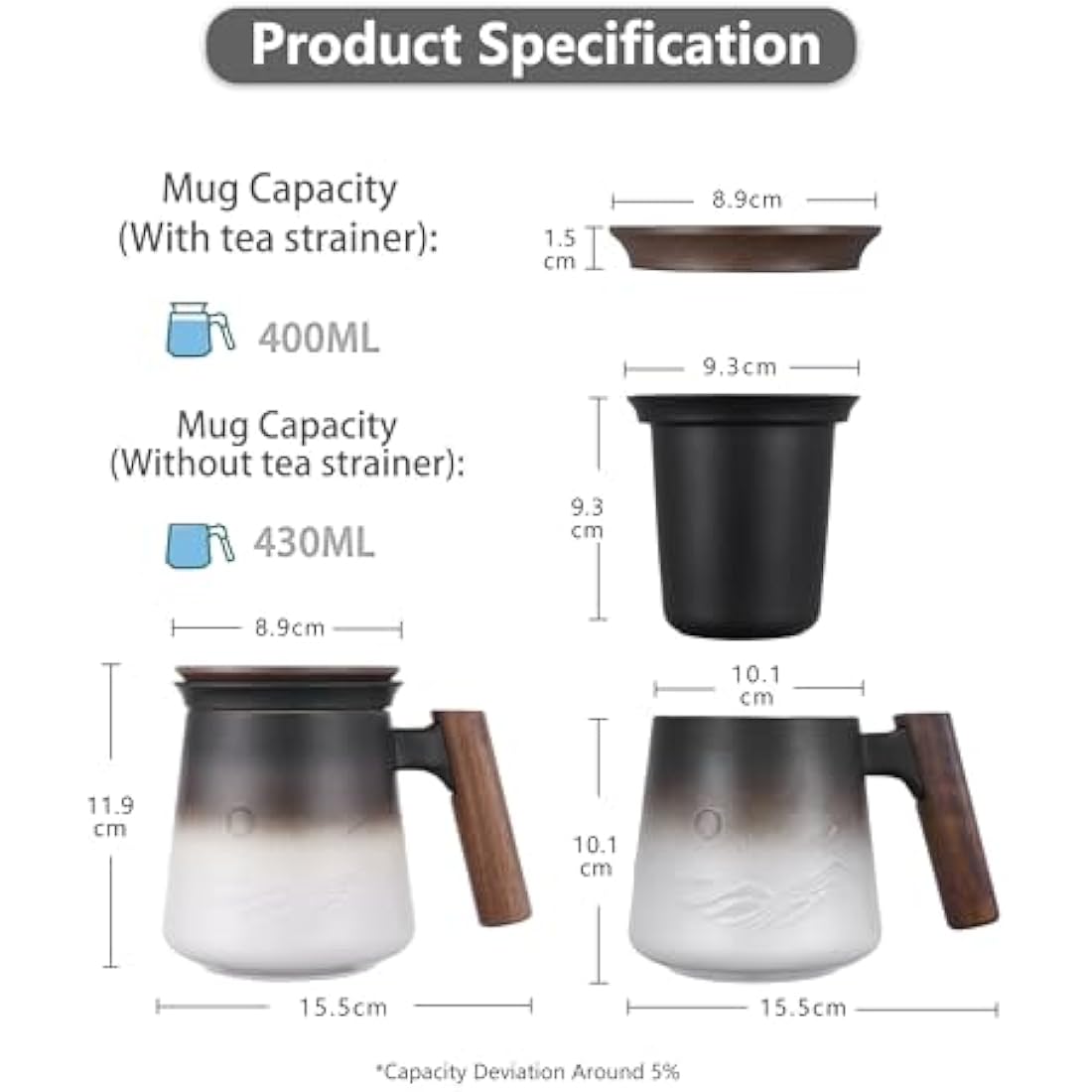 ZENS Tea Mug with Infuser and lid for Loose Tea, 430 ML Embossed Ceramic Tea Cup with Strainers for for Hot Tea Diffusers, Wood Handle Loose Leaf Tea Mug Tea Accessories for Tea Lovers Gifts