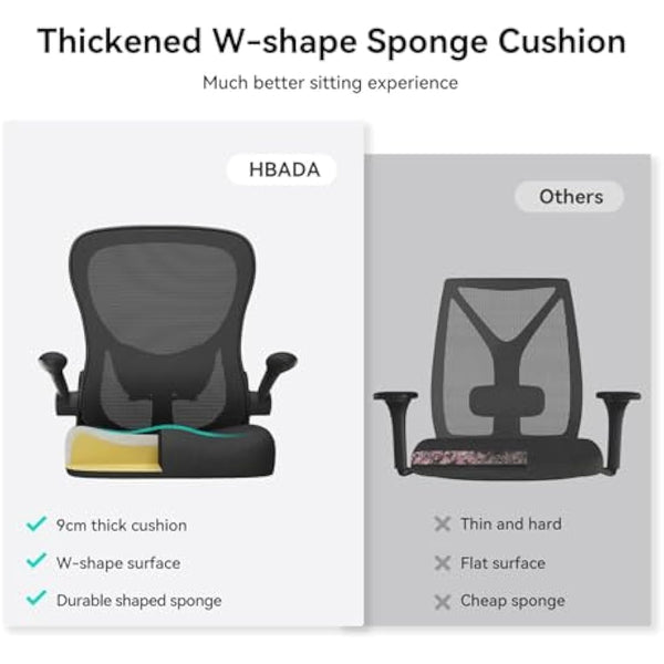 Hbada Office Chair Ergonomic Desk Chair, Office Desk Chairs with PU Silent Wheels, Breathable Mesh Computer Chair with Adjustable Lumbar Support, Flip-up Armrests, Tilt Function, Black