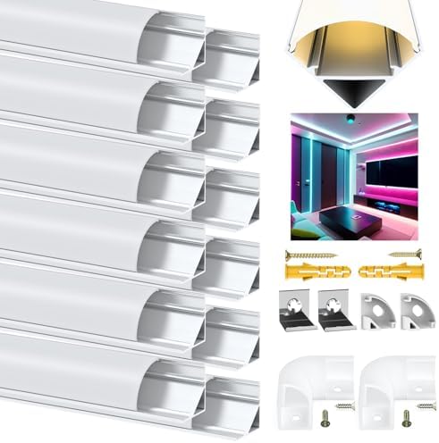 Angdarun LED Profile, 12 Pack LED Aluminum Profile V-Shape 3.3ft/1Meter, LED Aluminum Channel, for LED Channel/Led Diffuser, with Milky White LED Strip Cover, Mounting Material for LED Strip Lights
