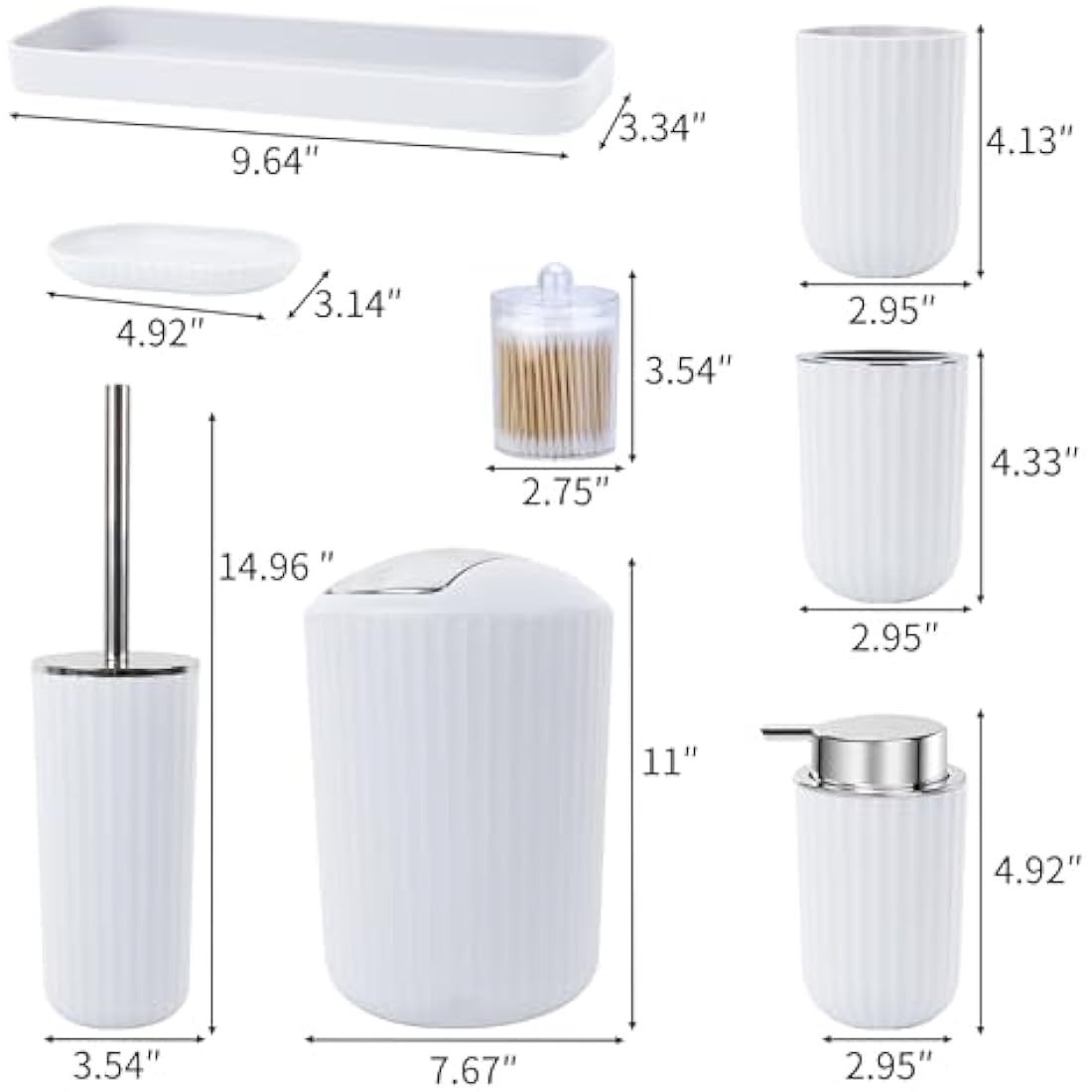 FEILANDUO Bathroom Accessories Sets Complete, 8 Pcs Bathroom Accessory Set with Trash Can, Soap Dispenser, Soap Dish, Toothbrush Holder, Toothbrush Cup, Toilet Brush and Qtip Holders,Vanity Tray White