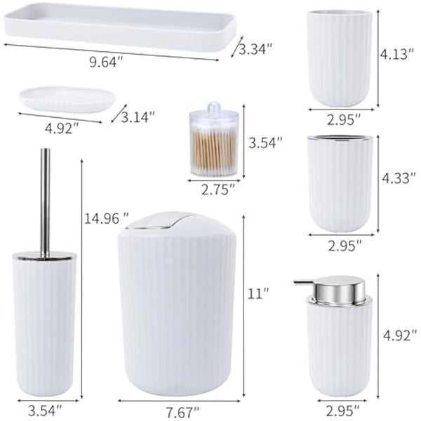 FEILANDUO Bathroom Accessories Sets Complete, 8 Pcs Bathroom Accessory Set with Trash Can, Soap Dispenser, Soap Dish, Toothbrush Holder, Toothbrush Cup, Toilet Brush and Qtip Holders,Vanity Tray White