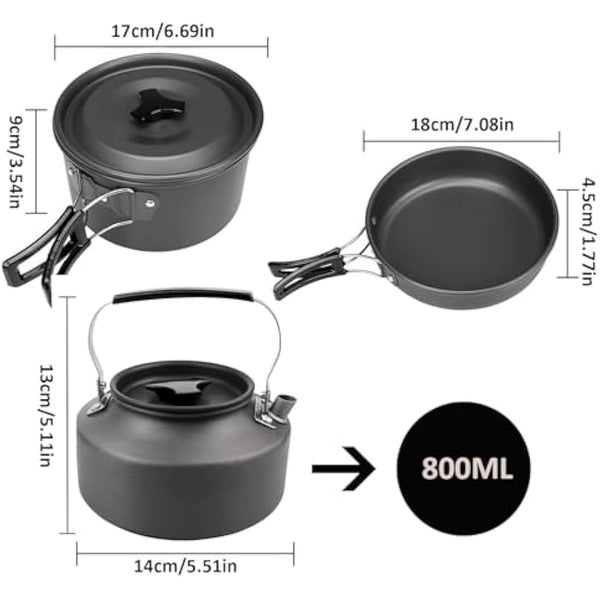 aiGear Camping Cooking Set/Cooking Mess Kit | Outdoor Camping Essentials - Pot Pan and Kettle | Portable Lightweight Aluminum | for 2-3 People to Backpacking Hiking Trekking Picnic