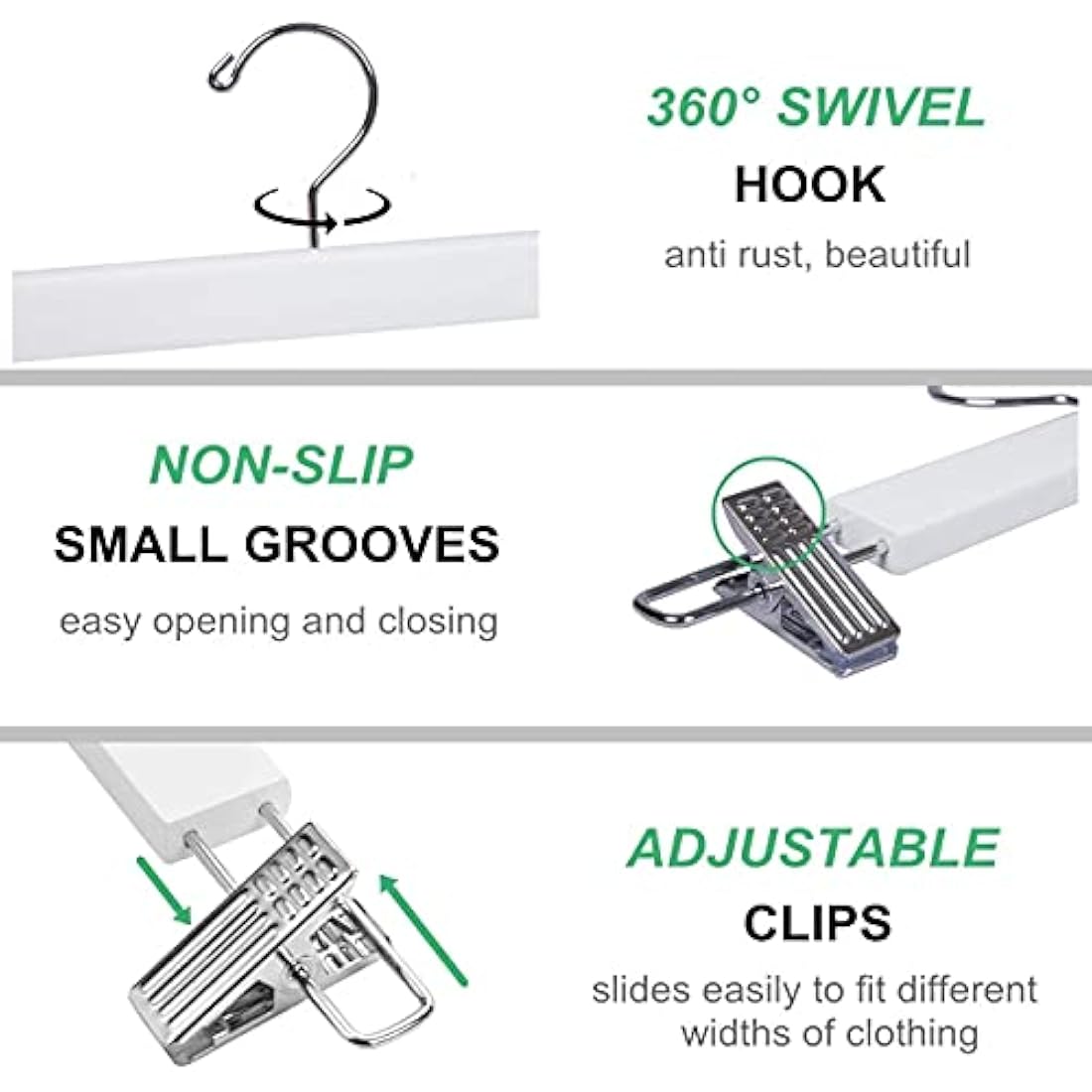 Amber Home 36cm White Wooden Pants Hangers 20pcs, Smooth Wood Skirt Hanger Organizer with Adjustable Anti-Slip Chrome Clips, Space Saving Solid Clothes Hangers Rack for Bottoms Jeans Slacks Trousers