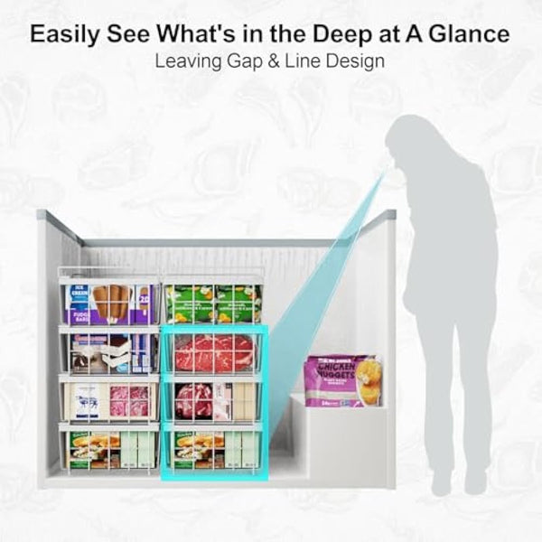 iSPECLE Chest Freezer Baskets - Expandable Fit 283 to 566L Deep Freezer, 4 Pack Large Stackable Wire Basket Add Space Easily Get Frozen Foods with Handles, Allow Air Circulation, White