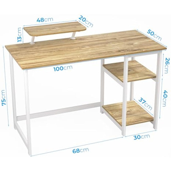GreenForest Office Desk with Monitor Stand,100cm Home Computer Desk with Reversible Storage Shelves,Study Desk for Small Spaces,Oak