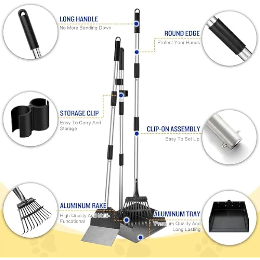 3 Pack Metal Pet Poop Scoop,Tray and Rake,Adjustable Long Handle with Bin for Pet Waste Removal,No Bending Poop Scooper Perfect for Large Medium Small Dogs