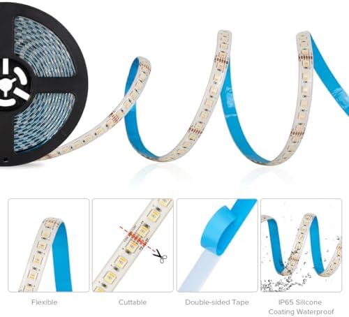 BTF-LIGHTING 5in1 RGBCCT 5050 5M 96LEDs/m 480LEDs RGB+Cold White+Warm White LED Strip DC24V Ip65 Waterproof White PCB 5 Colour in 1 LED for Room Home Decoration(Strip Only)