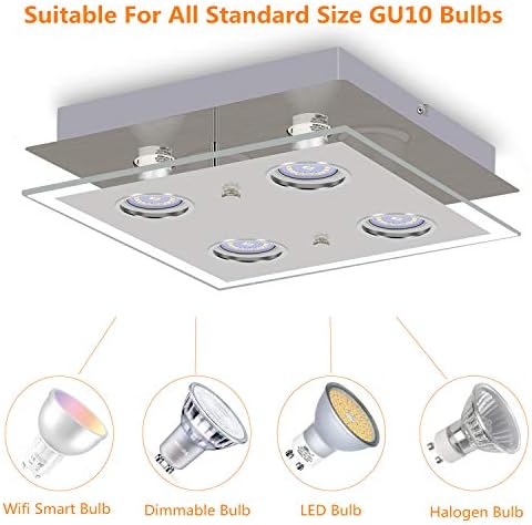 HiBay Modern Ceiling Light Chrome LED Kitchen Spotlight Fittings 4 Way Ceiling Spots GU10 Square Flush Lamp 240V for Bedroom, Living Room, Lounge -Bulbs Not Included