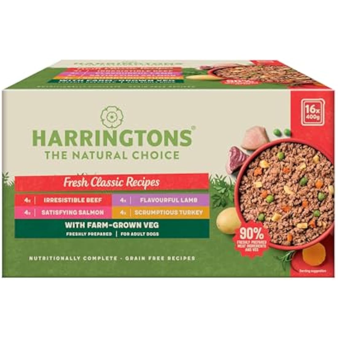Harringtons Complete Wet Tray Grain Free Hypoallergenic Adult Dog Food Classics Bumper Pack 16x400g - Turkey, Lamb, Beef & Salmon - Made with All Natural Ingredients (Packaging may vary)