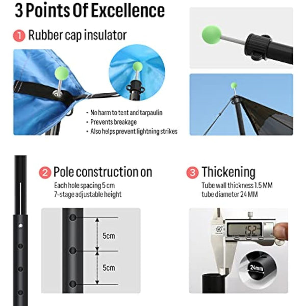 KOMCLUB Tarp Poles Adjustable Tent Pole Upgrade Thickened Stainless Steel Camping Tarp Pole for Outdoor Canopy Awning Rain Shelter