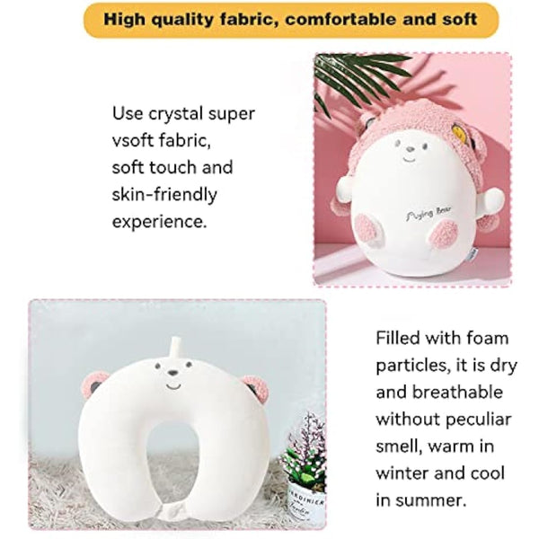 JOYRAVO Kids Travel Pillow - 2-in-1 Deformable Neck Pillow, Soft U-Shaped Pillow with Cute Plush Animals Comfy Sleep and Play Companion for Airplanes, Cars, and Travel - Pink Bear