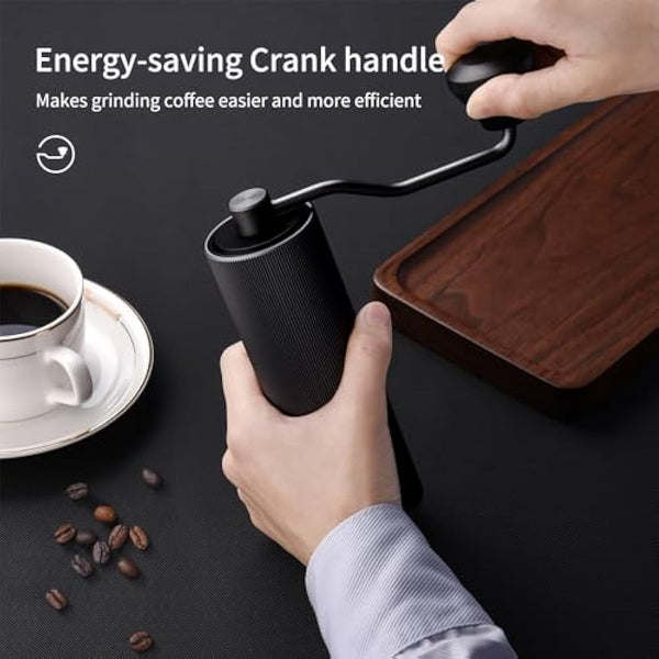 ELMWAY Manual Coffee Grinder – Stainless Steel Burr & Shaft, Dual Bearings, Lightweight Aluminium Body & Handle, Adjustable Grind, ABS Support Frame, Travel Pouch – Black