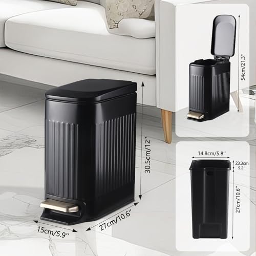 ELPHECO Slim Bathroom Trash Can Foot-Operated Stainless Steel Garbage Can with Soft Close Lid Step Trash Bin with Removable Inner Bucket for Bedroom, Office, Kitchen (Matt Black, 1.8 Gallons)