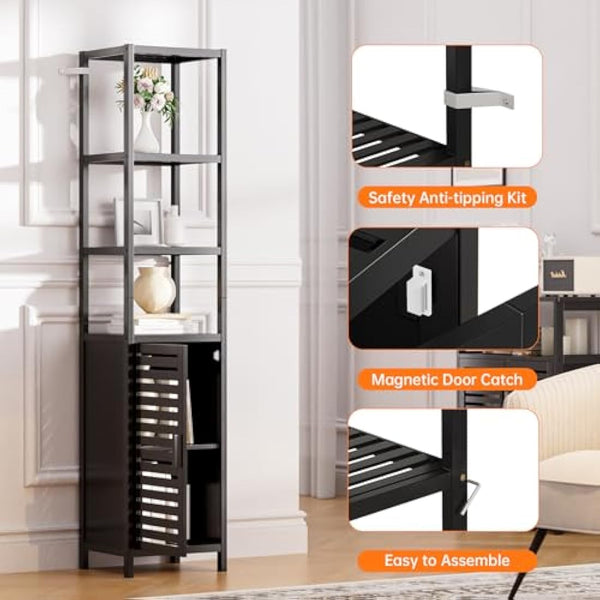 HITNET Tall Bathroom Storage Cabinet, 67 Inch Bamboo Freestanding Linen Tower Corner Shelf with 4 Open Shelves and Shutter Door for Small Space, Black