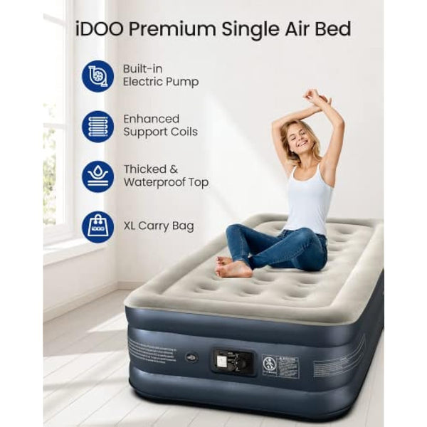 iDOO Single Air Bed, Inflatable Mattress with Built-in Pump, 3 Mins Quick Self-Inflation/Deflation Blow Up Air Mattress, Comfortable Top Surface for Home Portable Camping Travel 188x99x38cm 249kg MAX