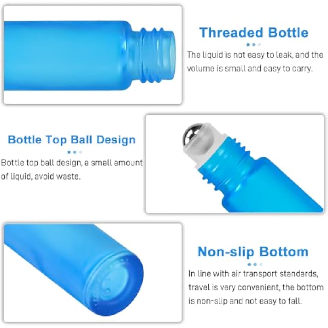 Frosted Essential Oils Roller Bottles, 10pcs Refillable Empty Glass Bottles with Stainless Steel Balls and Bamboo Lid (Blue)