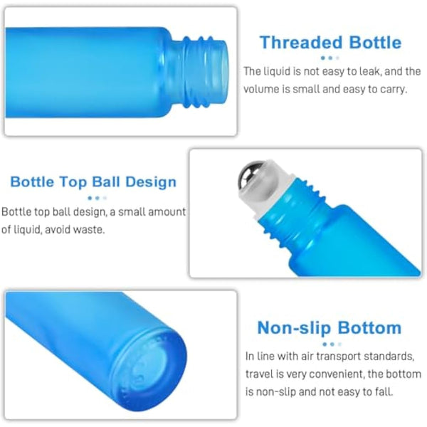 Frosted Essential Oils Roller Bottles, 10pcs Refillable Empty Glass Bottles with Stainless Steel Balls and Bamboo Lid (Blue)