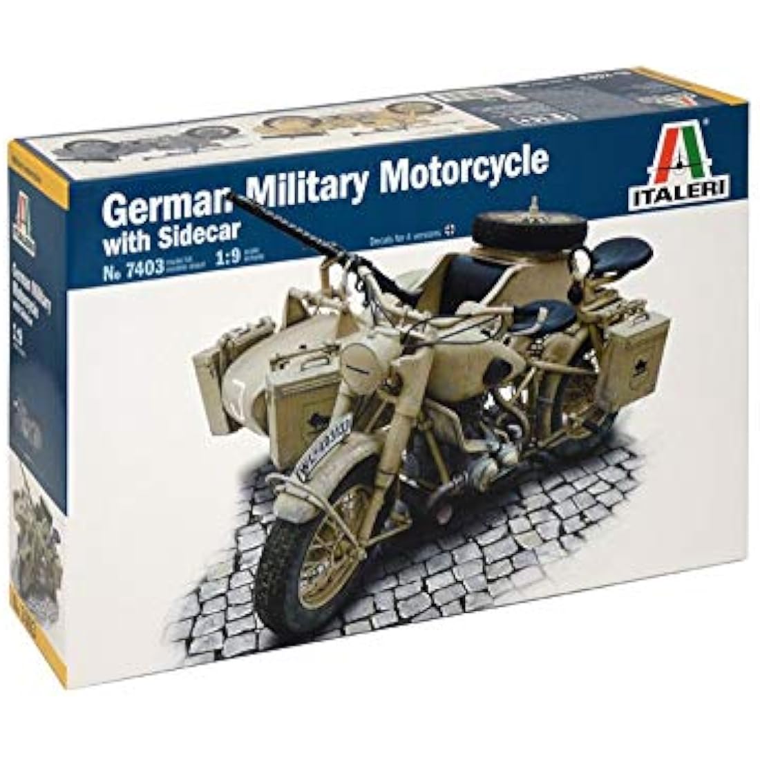 Italeri 7403 German Military Motorcycle with Side car, Scale 1:9. Plastic Model Kit