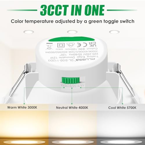 ALUSSO IP65 LED Downlights Ceiling Dimmable 10W 800LM LED Recessed Ceiling Spot Lights 3000K Warm 4000K Neutral 5700K Cool Adjustable Spotlights Ceiling Lights for Bathroom Kitchen, White, 6 Pack