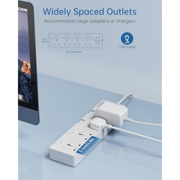AICODE 4-Way Extension Lead With USB Slots, Surge Protected, 1.5M Extension Cable, Individual Switches, 1 USB C & 3 USB A Ports, Multi Plug Adapter Socket, Wall Mount for Home, Office White