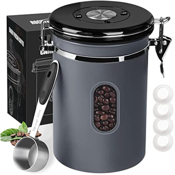 2800ML Airtight Coffee Canister with Date Tracker and Transparent Window, 35OZ Coffe Beans Storage with 30ML Measure Spoon&4 co2 Valve, Coffee Container for Grounds Coffee, Beans, Tea, Sugar&Flour