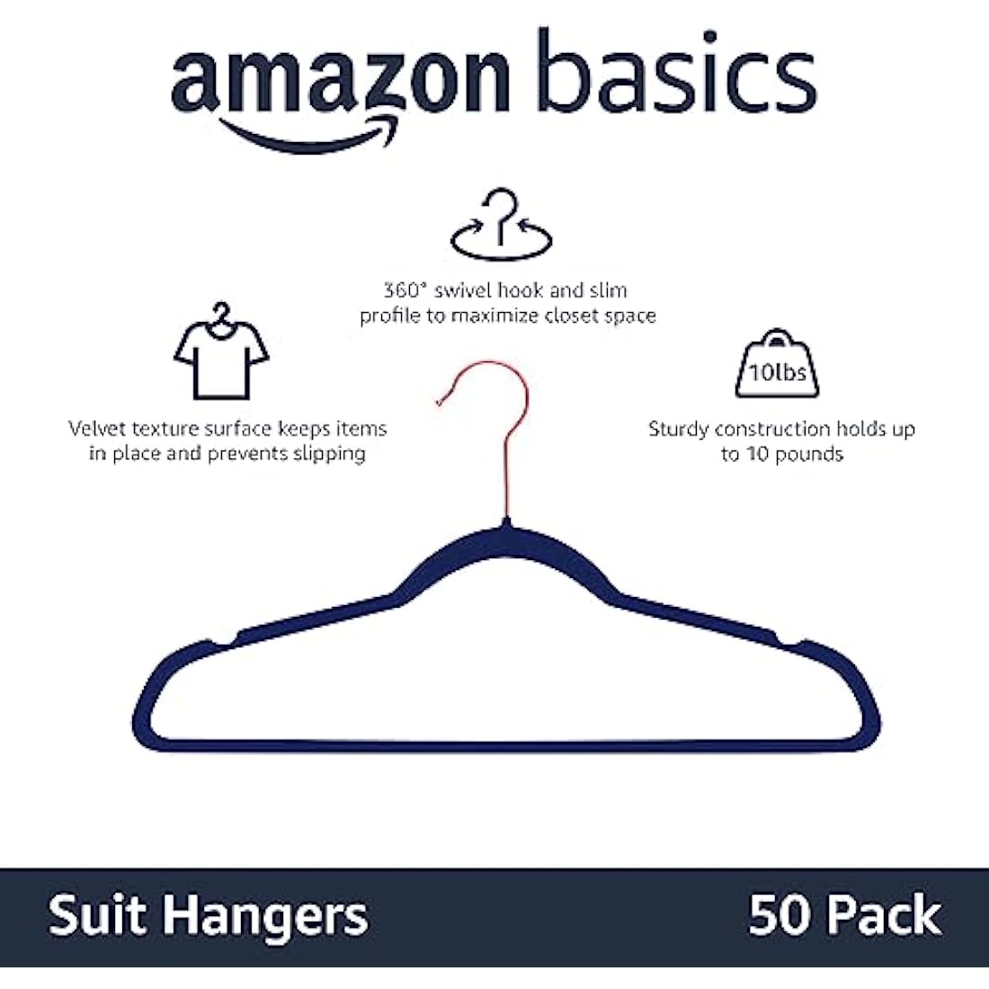Amazon Basics Slim Velvet, Non-Slip Suit Clothes Hangers, Pack of 50, Navy Blue/Rose Gold