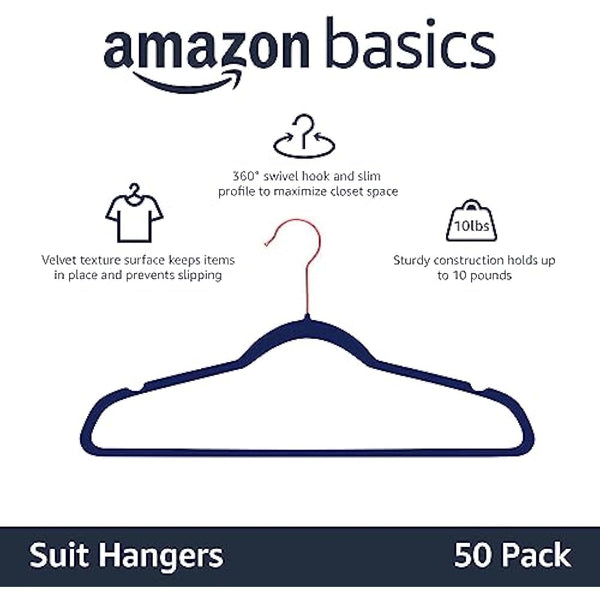 Amazon Basics Slim Velvet, Non-Slip Suit Clothes Hangers, Pack of 50, Navy Blue/Rose Gold