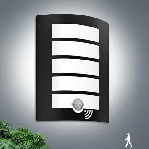 Allesgute Outdoor Wall Lights with PIR Motion Sensor, IP44 Waterproof Curved Outside Lights Mains Powered Black Wall Lamp for Porch, Front Door, Incl.12W E27 Bulbs Cool White 6000K