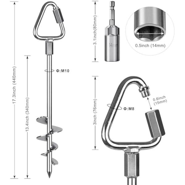 Insaga Ground Anchor, 4pcs Heavy Duty Tent Peg Trampoline Earth Stake Strong Storm Spiral Screw Spike for Garden Swing/Camping/Canopy/Shed/Dog/Carport with Carabiner Lockset, Orthogonal Triangle/44cm