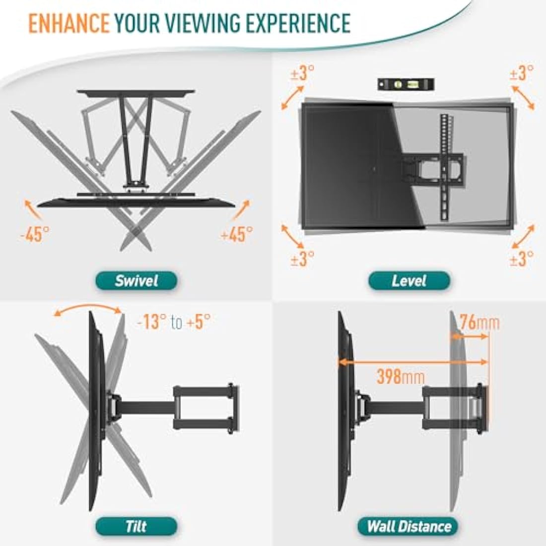 ELIVED TV Wall Bracket Tilt and Swivel TV Mount for Most 26"-65" LCD, LED, OLED Flat/Curved TVs with Max. VESA 400x400mm up to 40KG, Full Motion Wall Mount with Strong Double Arms, EV010