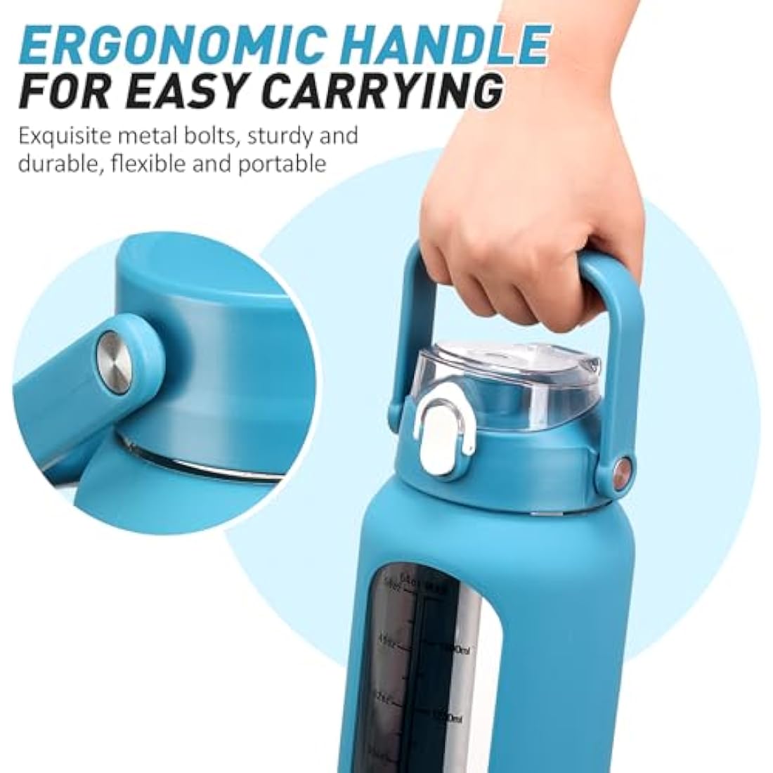 HYDRAGLAZIC 2L Glass Water Bottle with 2 Lids Flip and Chug Lids 2 Liter Large Water Jug with Time Marker and Silicone Sleeve BPA Free Leak-proof for Sports Gym, Blue