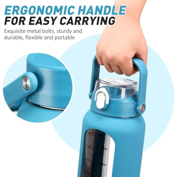 HYDRAGLAZIC 2L Glass Water Bottle with 2 Lids Flip and Chug Lids 2 Liter Large Water Jug with Time Marker and Silicone Sleeve BPA Free Leak-proof for Sports Gym, Blue